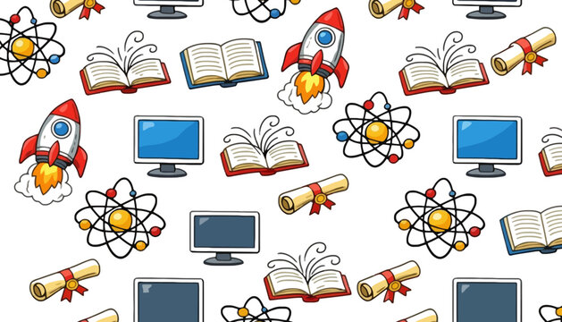 Education icons including rockets, books, and computers in a seamless pattern