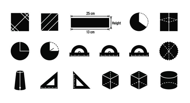 Geometric shapes and measurements illustrated with bold black silhouettes high quality