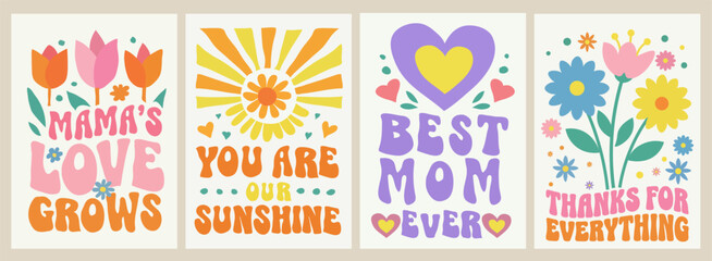 Obraz premium Mothers Day Typography Posters Best Mom Ever Inspirational Quotes Floral Retro Greeting Card Design Set