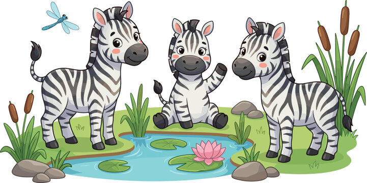 Adorable cartoon zebras beside watering pond with lily pads reeds rocks and dragonfly vector illustration