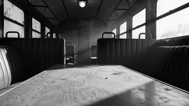 Spooky vintage train car interior with aged wooden table, dramatic lighting, and ethereal fog