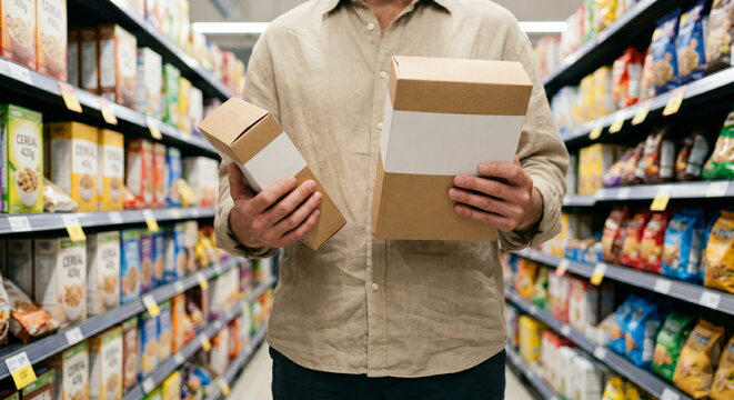 Faceless man comparing two blank mockup boxes in supermarket aisle