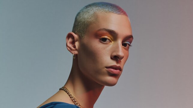 Young person with vibrant eyeshadow and colorful hair, looking confidently at the camera