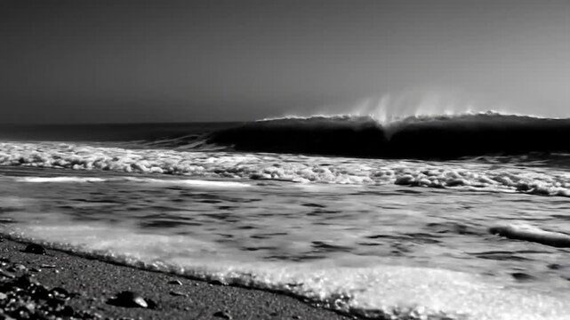 Black and white view of powerful ocean waves crashing onto the sandy beach with sea foam and spray
