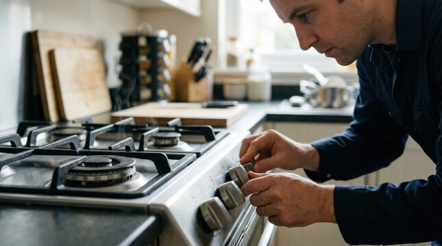 Technician inspecting control knobs on a gas stove stove burners clearly in focus with blurred kitchen background.