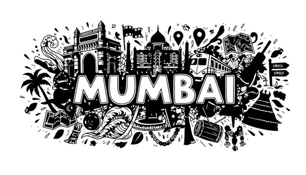 Mumbai city vector illustration with iconic landmarks and cultural symbols