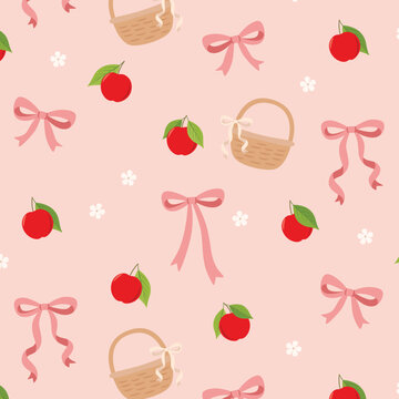 Apple Bow Seamless Pattern Pink Coquette Cute Cottagecore Background Vector
