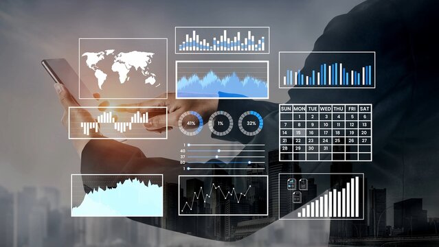 Businessman Analyzing Data on Smartphone with Modern Digital Interfaces and Graphs Overlaid in Urban Setting Gluon.