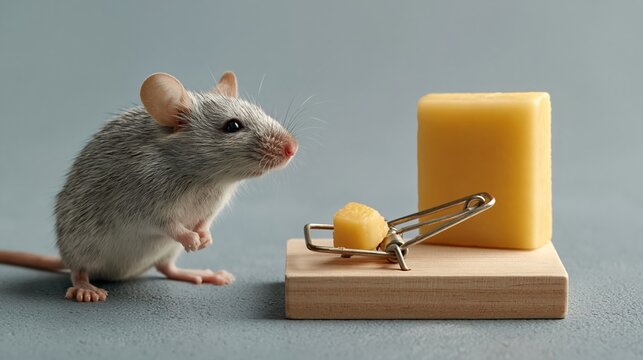 Small mouse peers at cheese in mousetrap. Gray fur, tiny paws, alert eyes. Trap holds cheese, wooden base. Mice fear trap, but cheese draws them. Ideal for humor, pest control, or wildlife themes
