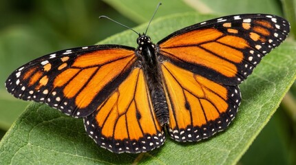 Fototapeta premium Macro Photography of a Beautiful Monarch Butterfly Resting on a Green Leaf