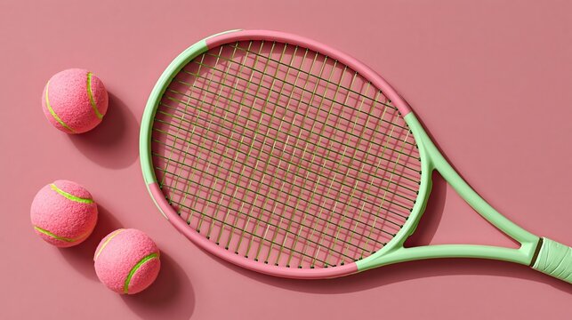 Pink tennis racket rests beside three matching balls. Pastel tones create soft, playful contrast. Modern design suits sporty or youthful aesthetics. Ideal for lifestyle, fitness
