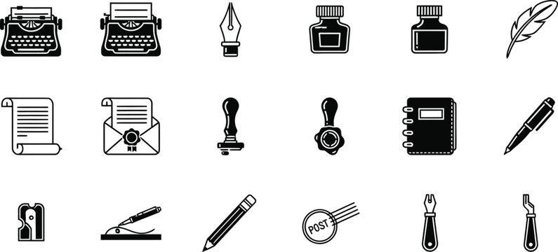 A set of black and white vector icons depicting various writing and office supplies on a clean white background