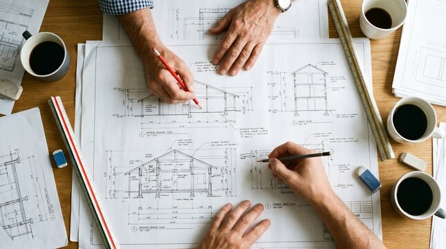 Architects Hands Working on Building Blueprints and Architectural Drawings