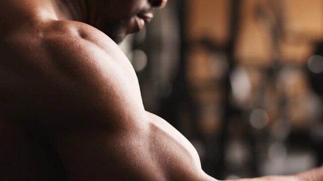 Close-up of a muscular arm contracting during weightlifting in a dimly lit gym environment showcasing defined muscles and sweat