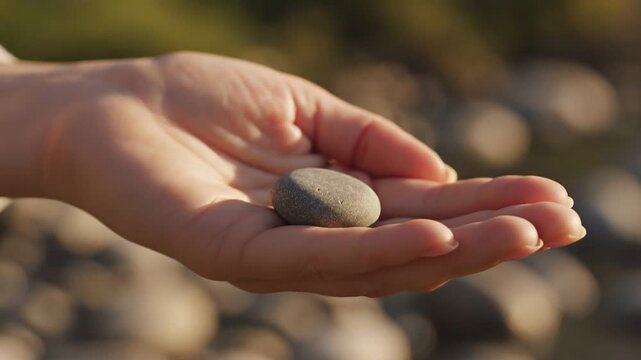 Close-up of hands gently holding a smooth pebble against a backdrop of blurred river rocks during golden hour with soft lighting