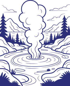 Geyser hot spring vector illustration in monoline blue style with steam mountains and pine trees nature