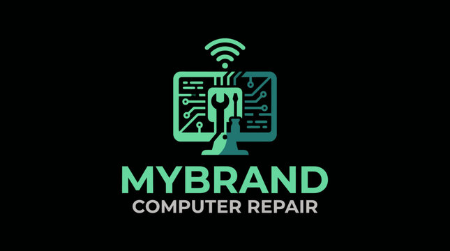 A sleek and modern logo design for a computer repair service, featuring elements that represent technology, maintenance, and a reliable digital support system.