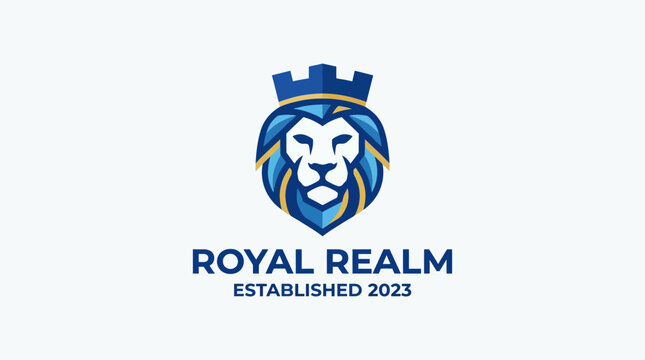 This majestic logo design features a lion's head with a crown, representing power and royalty, ideal for 'Royal Realm,' established in 2023 for a sophisticated branding.