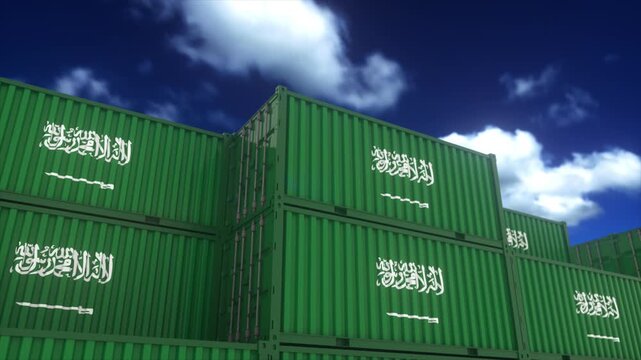 Saudi Arabia Shipping Containers Stacked Under Bright Blue Sky
