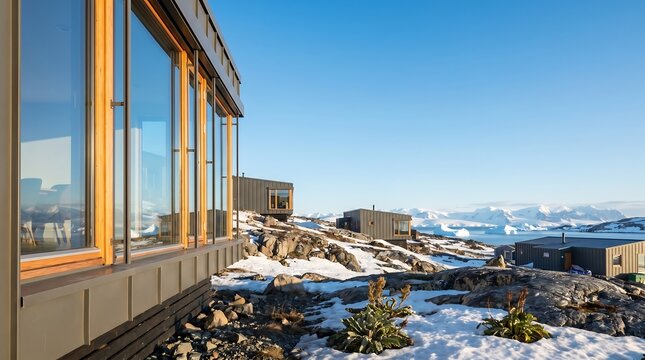Modern Arctic Eco-Hotel Architecture Overlooking Snowy Tundra and Frozen Glaciers.