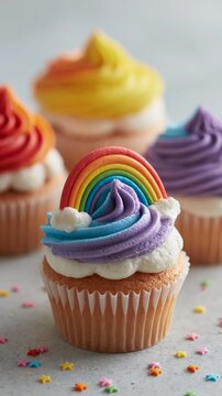 Colorful cupcakes with rainbow frosting and decorative sprinkles arranged on a light surface, featuring vibrant swirls of icing in various colors