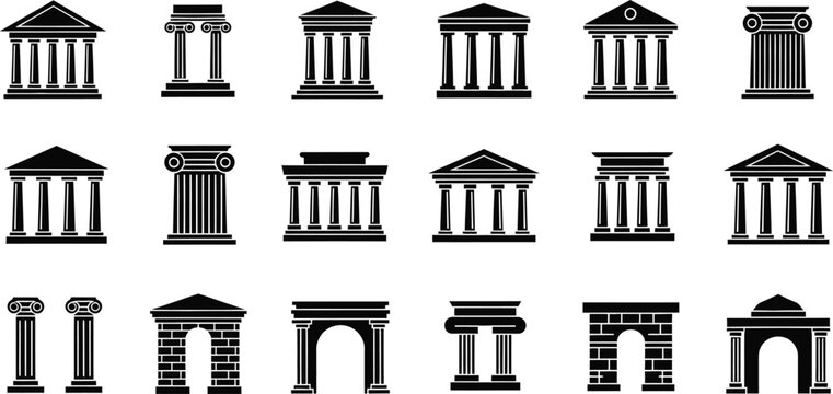 A collection of ancient Greek and Roman architectural elements in a minimalist black and white vector illustration style