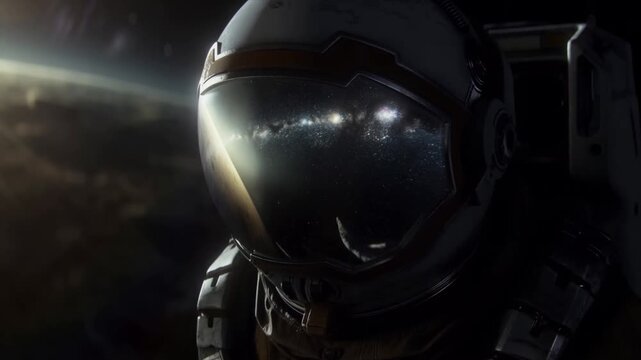 Slow tracking shot of astronaut helmet reflecting milky way and planet horizon while floating outside spacecraft in low earth orbit