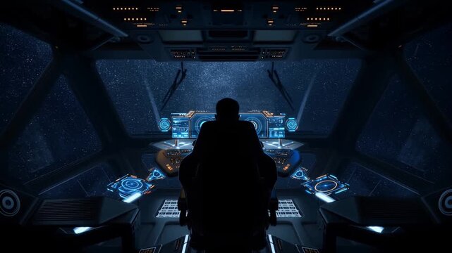 Tracking shot of pilot silhouette navigating spacecraft controls inside cockpit with starfield view