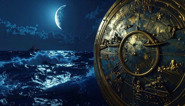 Intricate brass astrolabe instrument featuring naval fleet etchings overlooking a dark moonlit ocean at night.