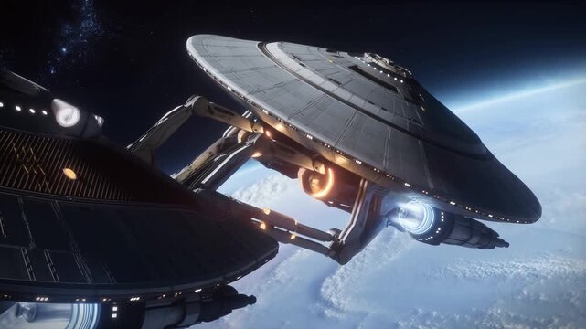 Tracking shot of large futuristic spacecraft rotating and gliding above earth atmosphere in low orbit with visible engines and cloud layer