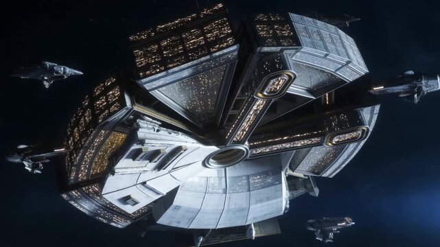 Tracking shot of large rotating spacecraft with escort fighters maneuvering in deep space starfield