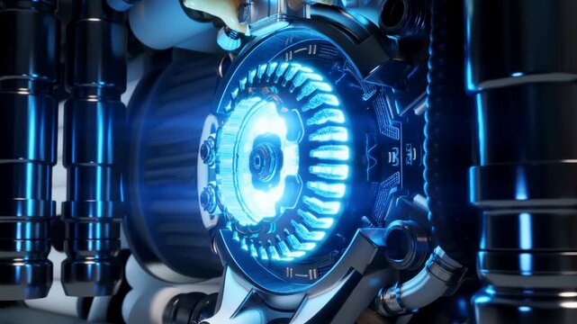 Tracking shot of engine core rotating and glowing inside futuristic industrial laboratory engine bay with moving metallic pipes and conduits
