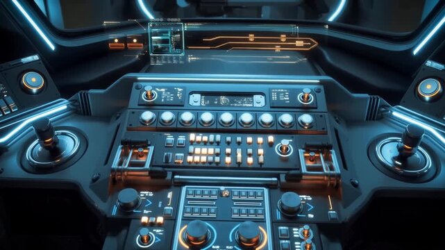 Panning shot of spaceship cockpit control panel with illuminated instruments and glowing buttons inside futuristic spacecraft bridge interior