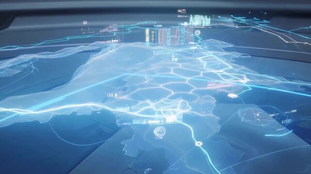 Tracking shot of holographic map display projecting network connections across futuristic command table interior on spaceship bridge with glowing blue lines and data overlays