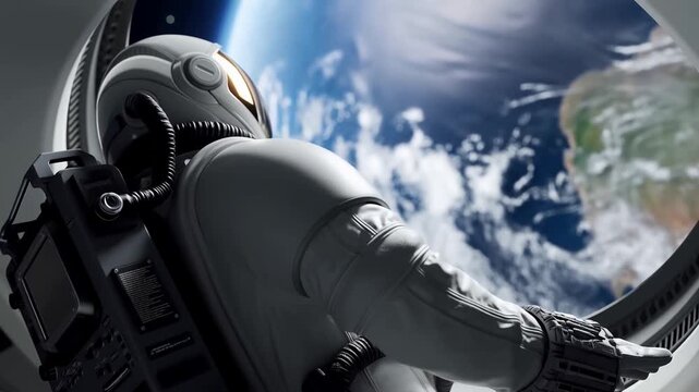 Tracking shot of astronaut leaning out of spacecraft window observing earth and cloud cover from low orbit through circular hatch
