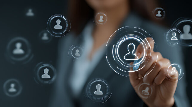 Business professional analyzing data clustering visualization on digital interface, customer segmentation groups connected to user icons, big data analytics, marketing strategy and audience targeting
