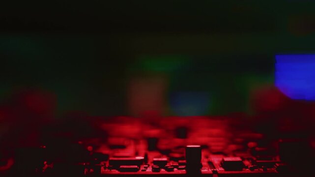 Circuit board scan motherboard. Checking electronic equipment. Automated visual optical inspection system for quality control of printed circuit board. Scanning of processors or chipsets with light