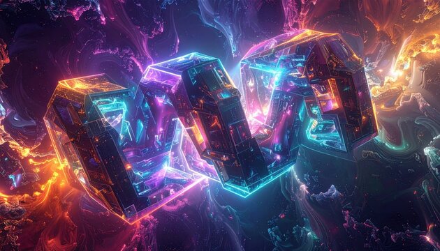 Interlocking geometric crystalline structures representing quantum bits processing data in a vibrant digital environment, perfect for futuristic technology and science presentations.