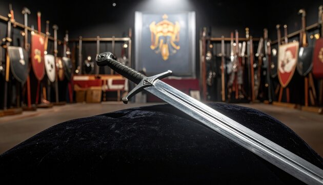 A gleaming silver replica of a medieval broadsword resting on a dark velvet cushion within a mysterious armory setting surrounded by historical weaponry.