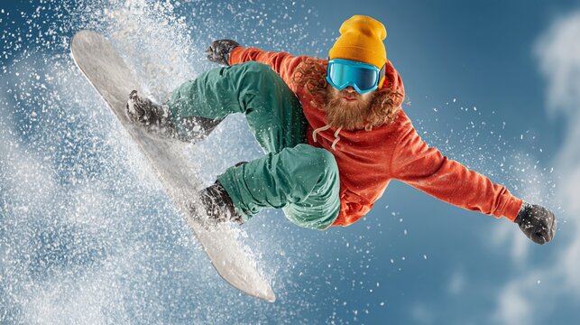 Snowboarder soars mid-air, spraying powder against blue sky. Wears bright orange jacket, green pants, and yellow beanie. Blue goggles shield eyes, beard adds rugged charm