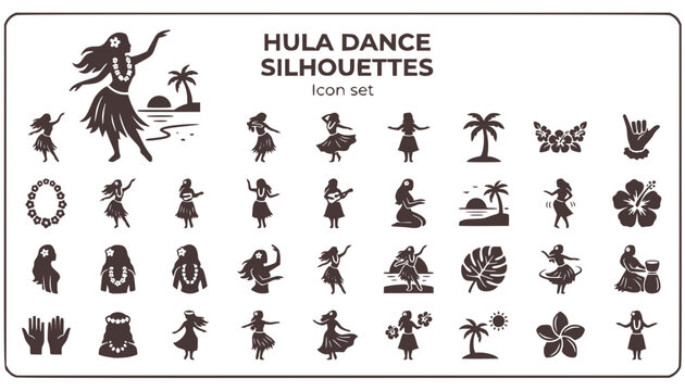 Hula Dancer Silhouette Icon Set Graceful Palm Trees Flowers Tropical Scene Hawaiian Dance Movement Skirt Sway Hand Gesture Sunset Beach Floral Lei Vector Illustration