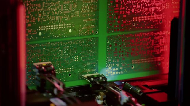 Automatic mechanical check of electronic board. Welding and installation of components, microchips and transistors. Technician testing microchip components for quality control. Modern manufacturing
