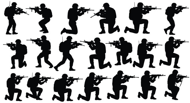 Soldiers in combat poses firing weapons a stark black silhouette