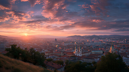 Naklejka premium Sunrise over the city from a very high hill with a great view of the entire city