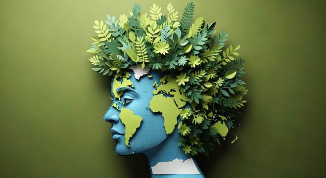 Human head profile with world map face and green foliage hair image