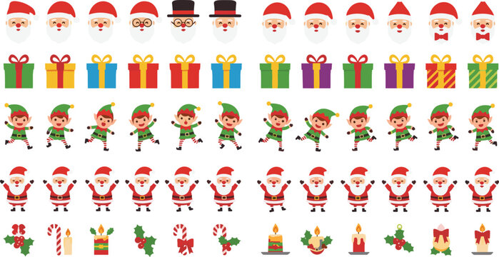 Christmas Icon Collection with Santa Claus, Elf, Gift Boxes, Candles, Holly, and Candy Cane for Festive Holiday and Xmas Designs