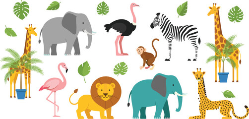 Cute safari animals collection with lion elephant giraffe zebra flamingo ostrich monkey and tropical leaves, colorful cartoon wildlife set isolated on light background vector illustration © MstNadiya