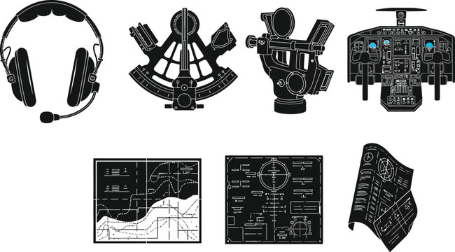 Detailed Vector Set of Aviation and Maritime Navigation Tools and Charts