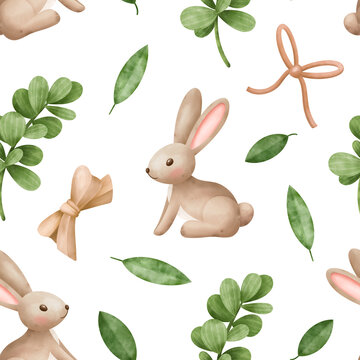 Seamless Watercolor Pattern with Cute Bunny Rabbit Green Leaves and Bows. Perfect for children's textiles or nursery decor.