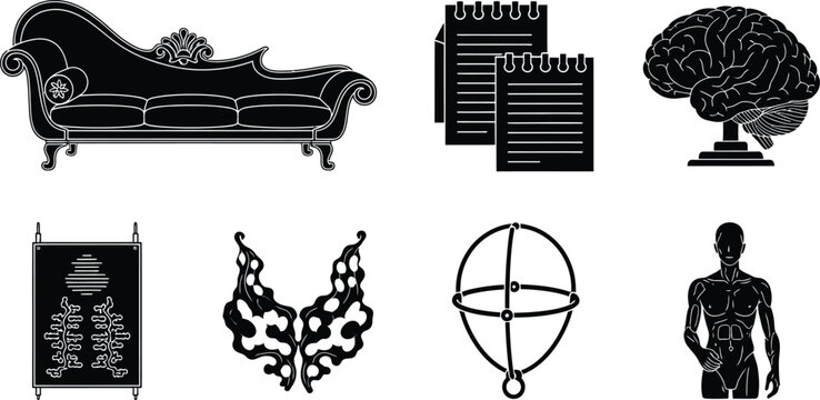 Psychology and Mental Health Icons Brain, Couch, Rorschach Test
